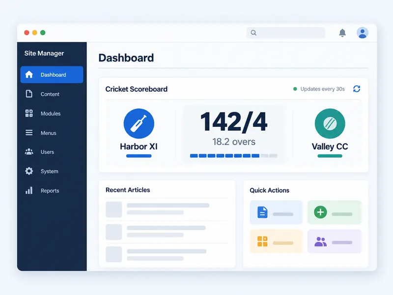 Illustration of a fictional cricket scoreboard displayed within a website management layout